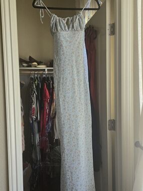 Light Blue Floral Empire Waist Maxi Dress with Tie Straps